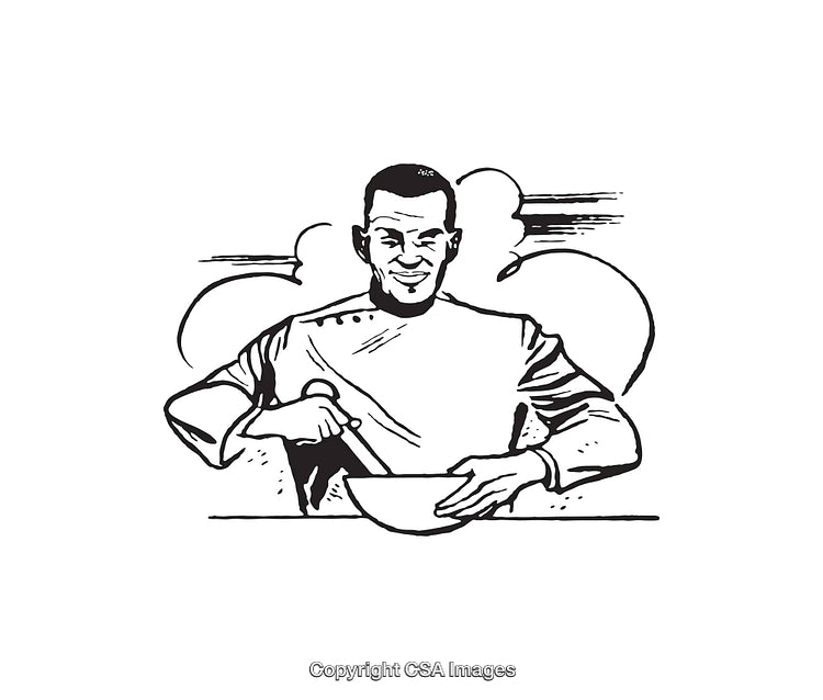 Black and White Line Art of a Chef Mixing Ingredients