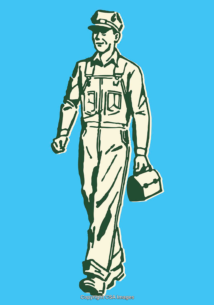 Retro Style Line Art of Worker Carrying Toolbox on Solid Background
