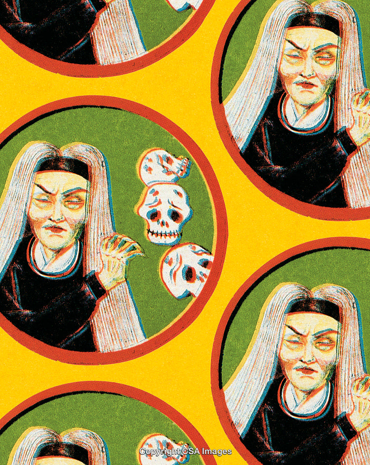 Illustrative Pattern Featuring Mystical Figures and Skulls on a Vibrant Background