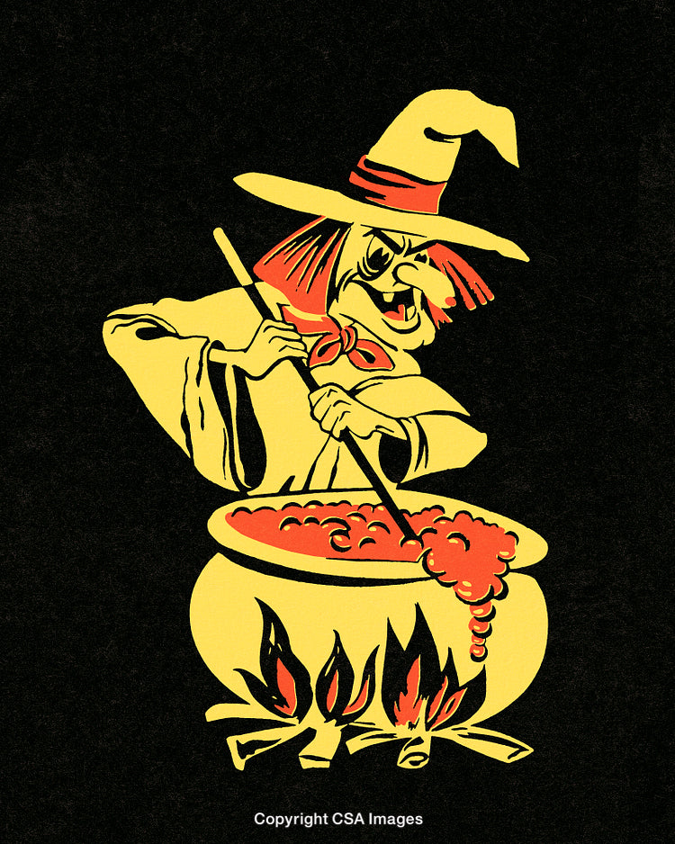 Cartoon Witch Stirring Boiling Cauldron Over Fire in Halloween Design
