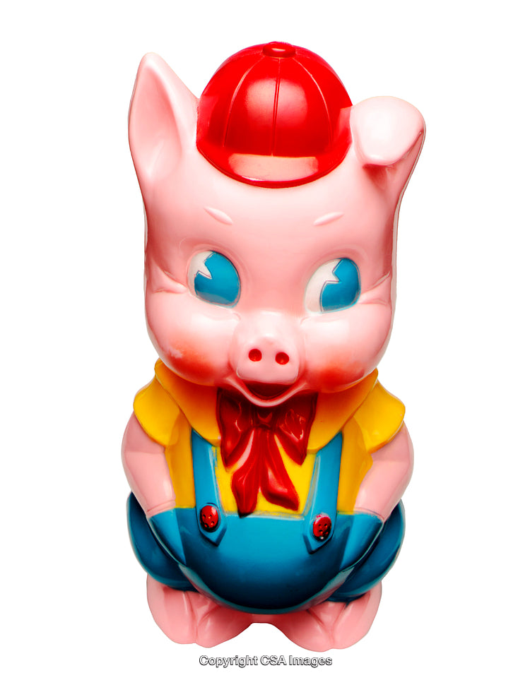 Colorful Plastic Pig Toy with Red Hat on White Background