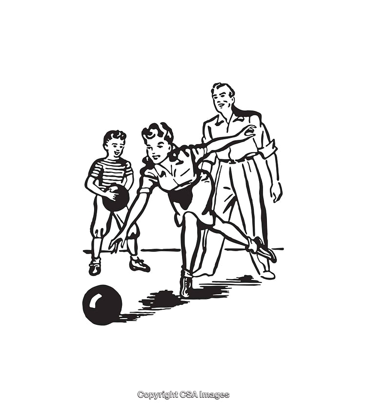 Vintage Line Art of Family Playing a Bowling Game Together