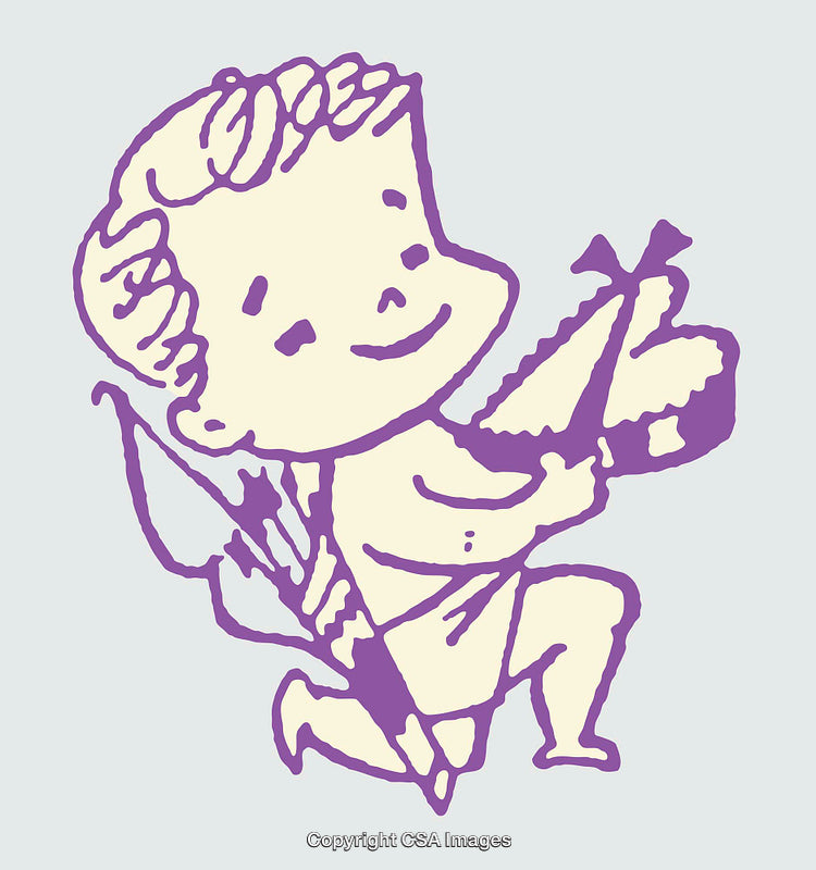Vintage Line Art Cupid Illustration with Bow and Arrow in Lavender Tones