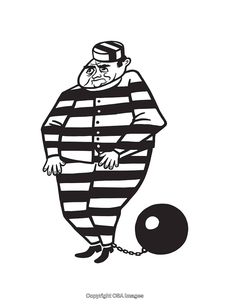 Cartoon Illustration of a Prisoner with Ball and Chain in Black and White