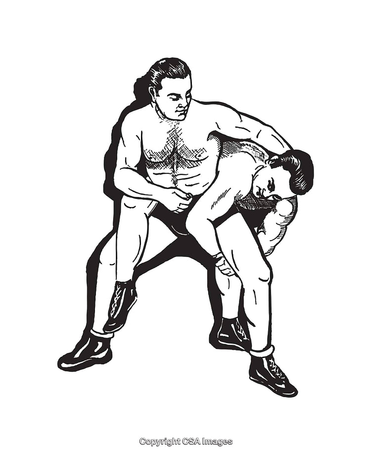 Black and White Illustration of Wrestlers in Dynamic Action Pose
