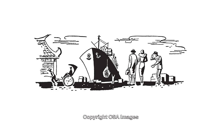 Black and White Line Art of Port with Ship and Figures
