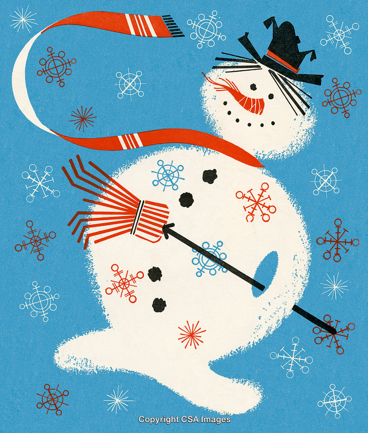 Cheerful Snowman with Scarf and Snowflakes in a Vintage Illustration