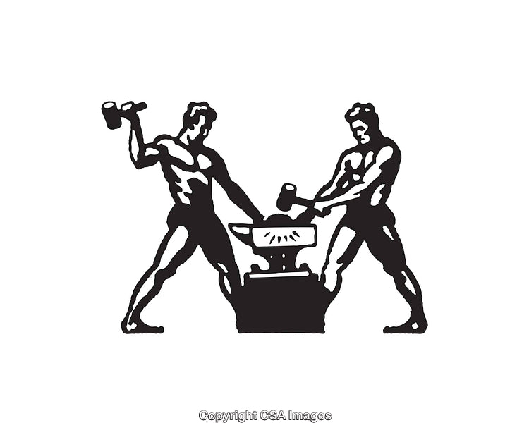 Black and White Line Art of Two Blacksmiths at Work Together