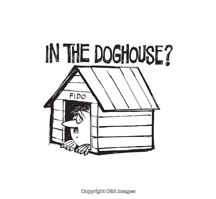 Playful Black and White Cartoon Illustration Featuring Doghouse and Funny Character