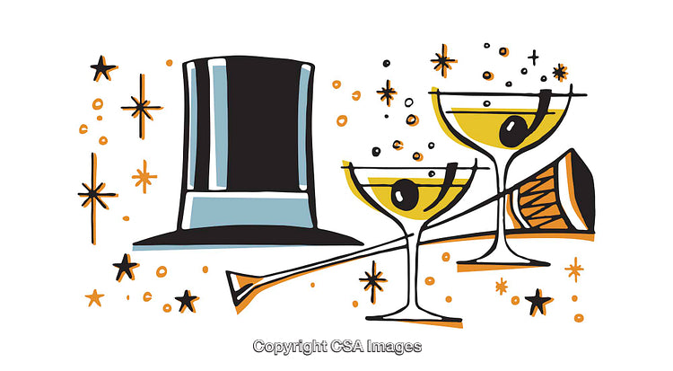 Festive Illustration with Hat, Champagne Glasses, and Golden Stars