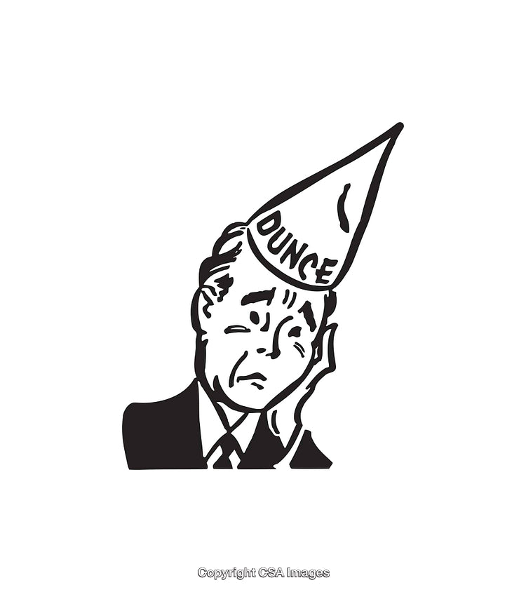 Vintage Line Art of a Man in a Dunce Hat Looking Embarrassed
