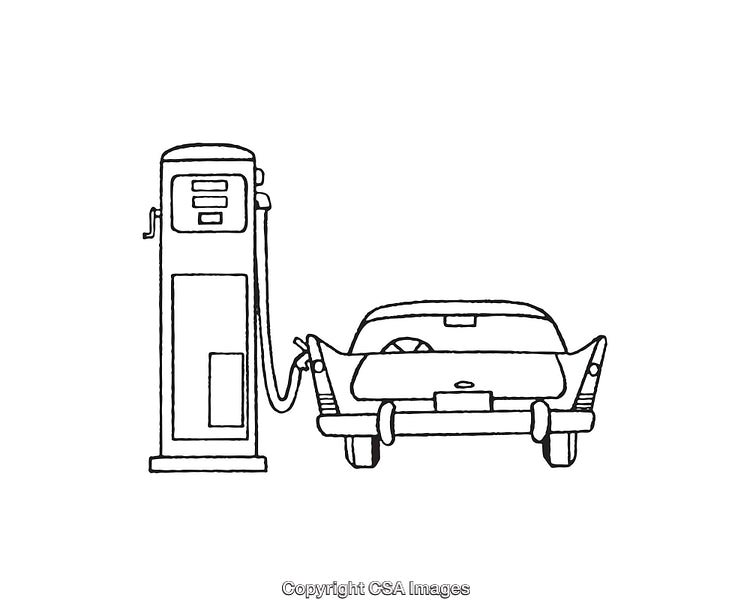 Retro Car Refueling at Gas Pump Line Art Illustration