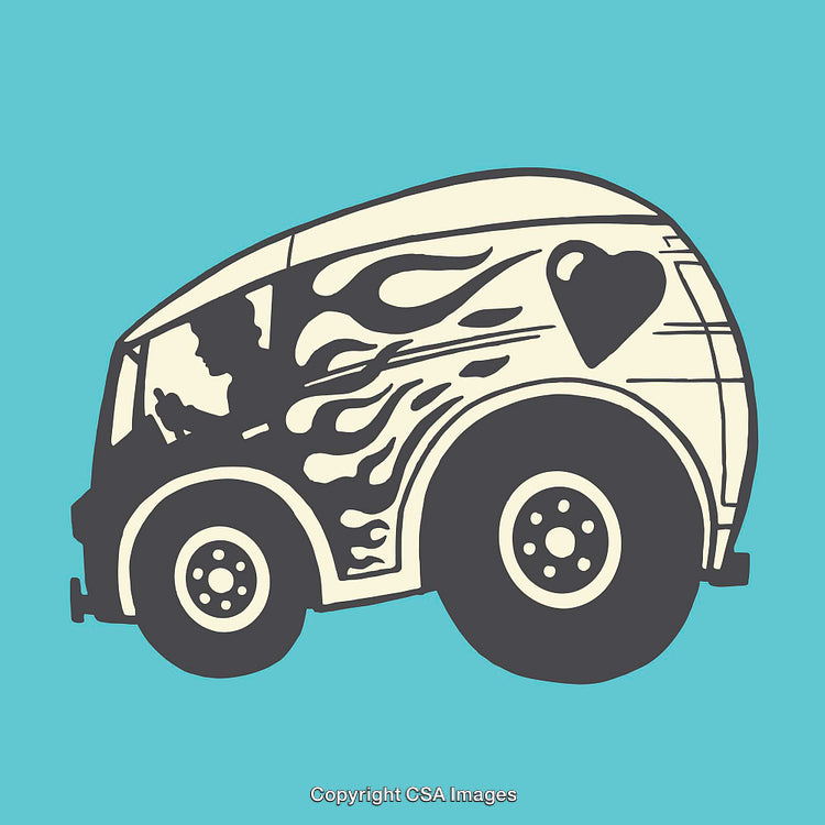 Retro Styled Van with Flames and Heart Design on Blue Background