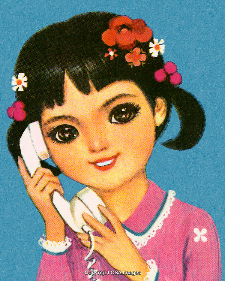 Charming Illustration of a Girl Talking on a Vintage Telephone