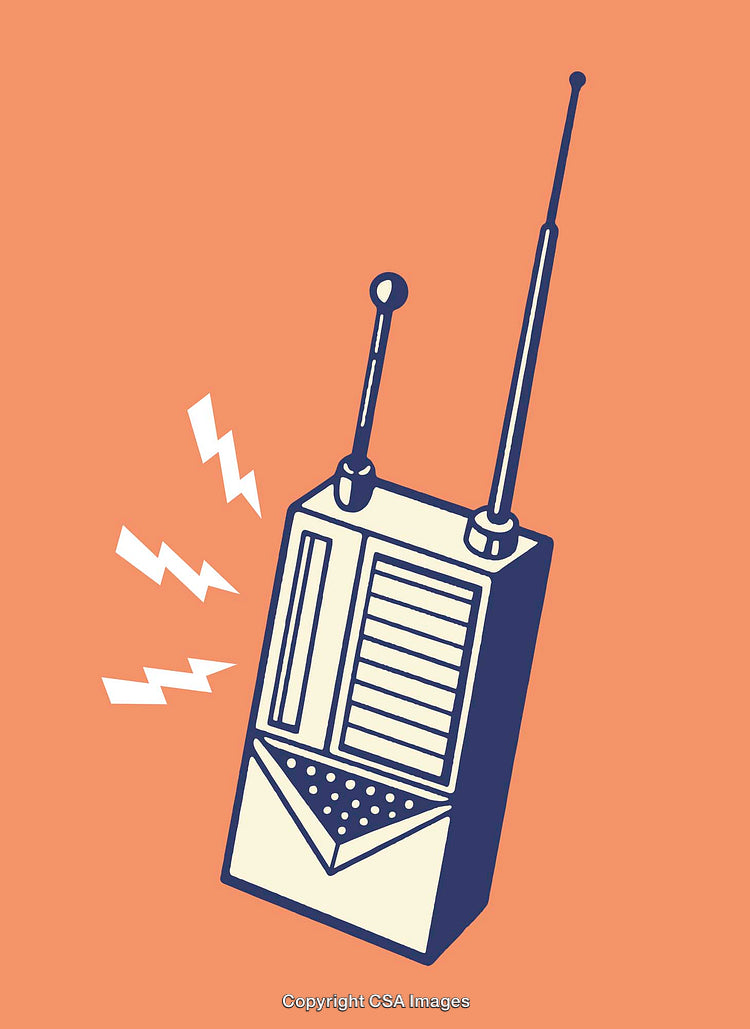 Vintage Two-Way Radio with Retro Design and Antennas on Orange Background