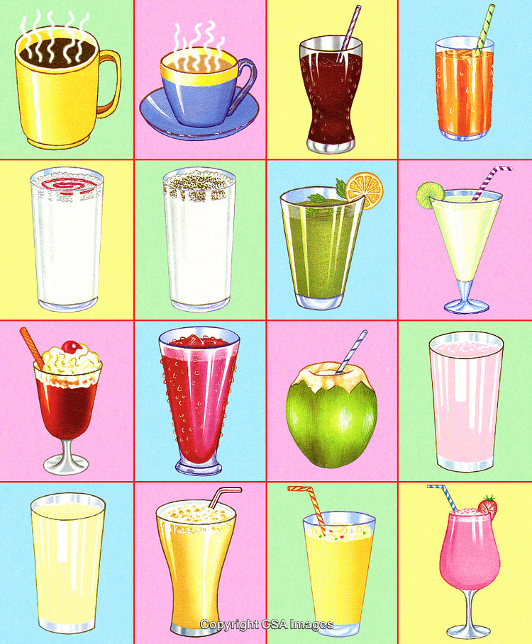 Colorful Illustration of Assorted Beverages in Various Glasses and Cups