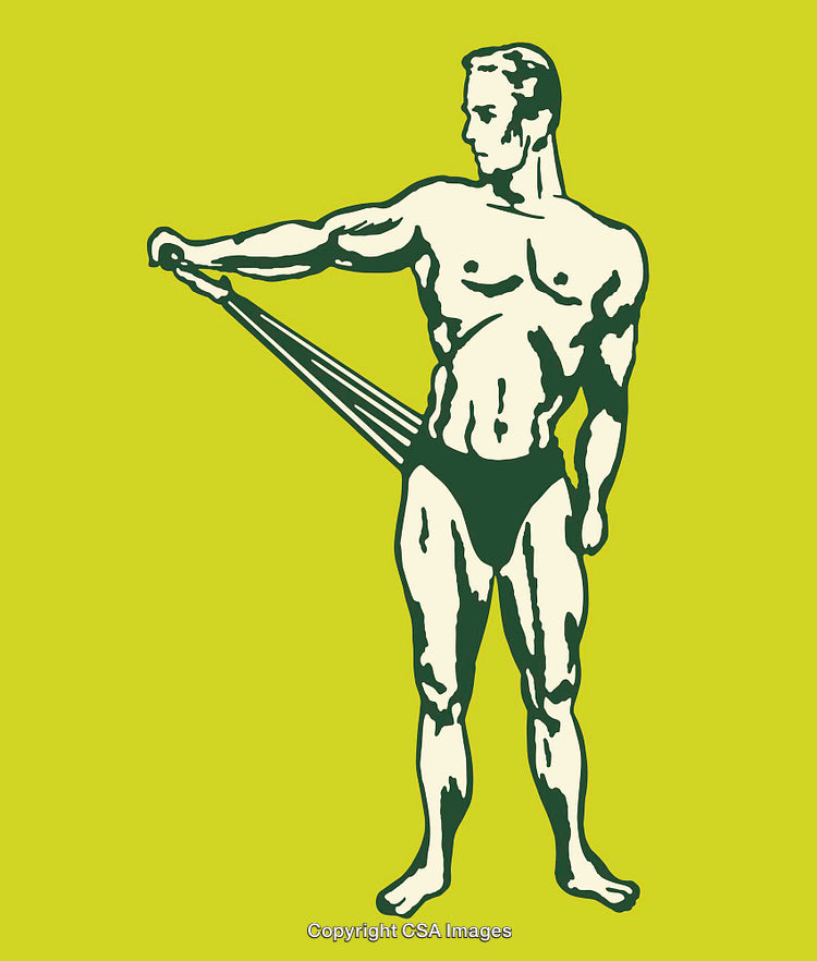 Vintage Fitness Illustration of a Bodybuilder Using Resistance Bands
