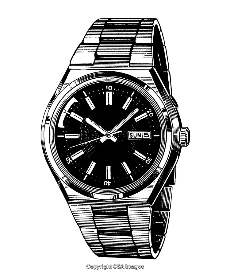 Intricate Black and White Engraving of a Classic Wristwatch Design