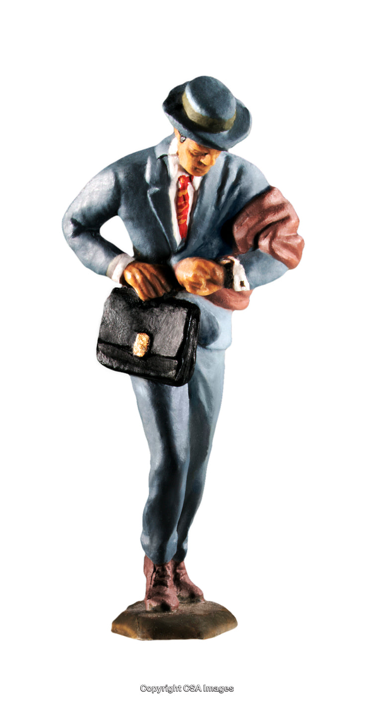 Vintage-Style Figurine Depicting a Businessman Holding a Briefcase and Checking Time