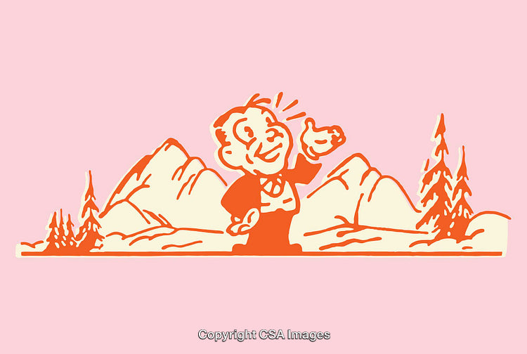 Retro Style Illustration of Man and Nature in Line Art