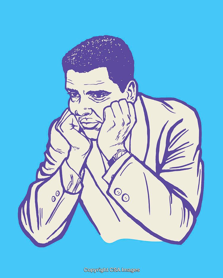 Contemplative Illustration of a Man in a Thoughtful Pose, Line Art Design