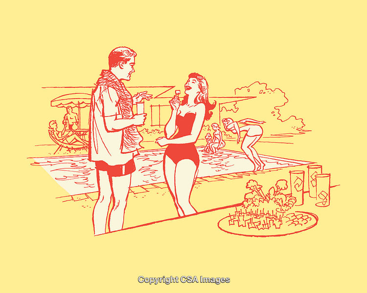 Retro Poolside Scene With Socializing Guests in Vibrant Line Art Illustration