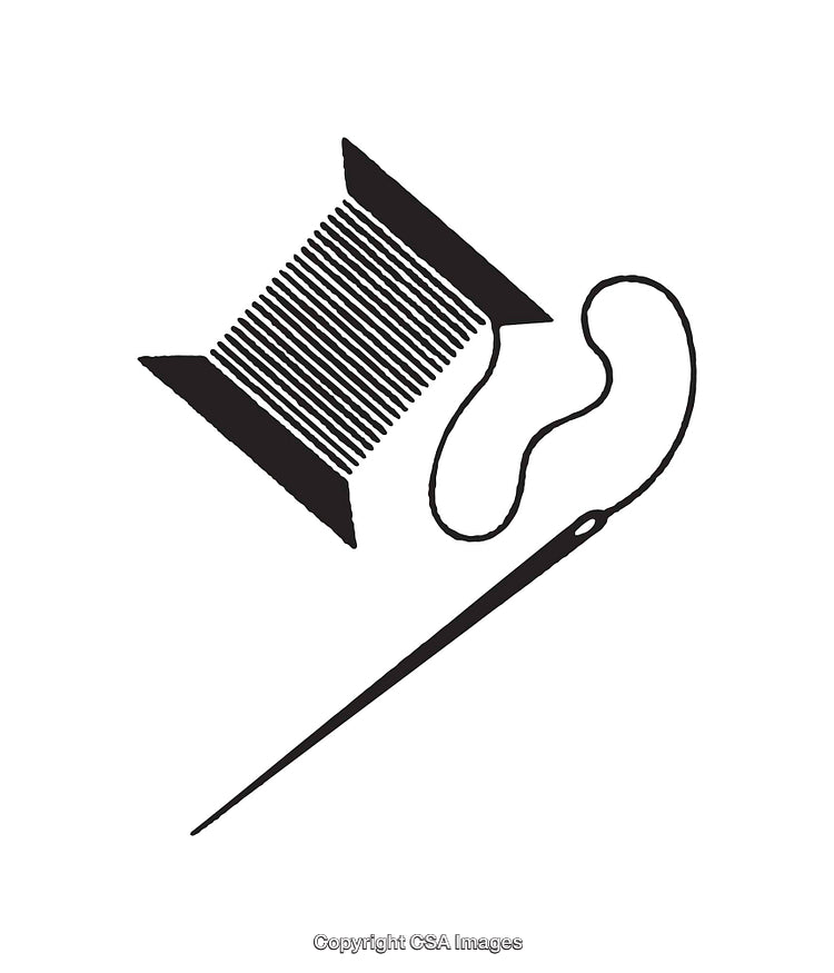Black and White Line Art Illustration of a Needle Thread and Spool
