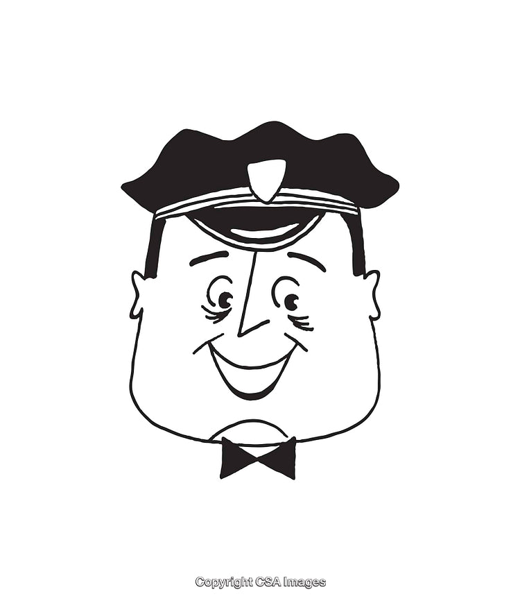 Happy Cartoon Character Police Officer Wearing A Hat and Bow-tie Line Art