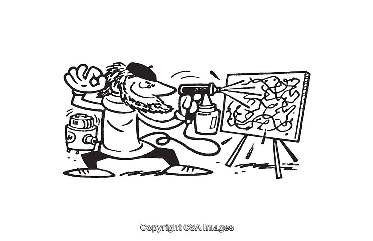 Cartoon Artist Spray Painting Abstract Art on Canvas in Black and White