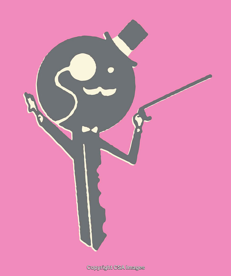 Artistic Key-Shaped Character Illustration on Bright Solid Background