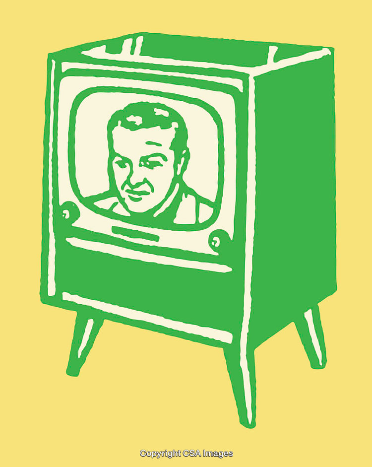 Vintage Style Green Television Line Art on Yellow Background