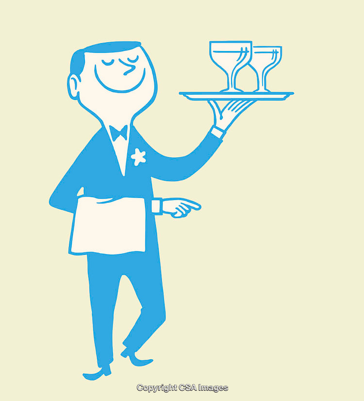 Blue Line Art Illustration of a Waiter Serving Drinks Gesture