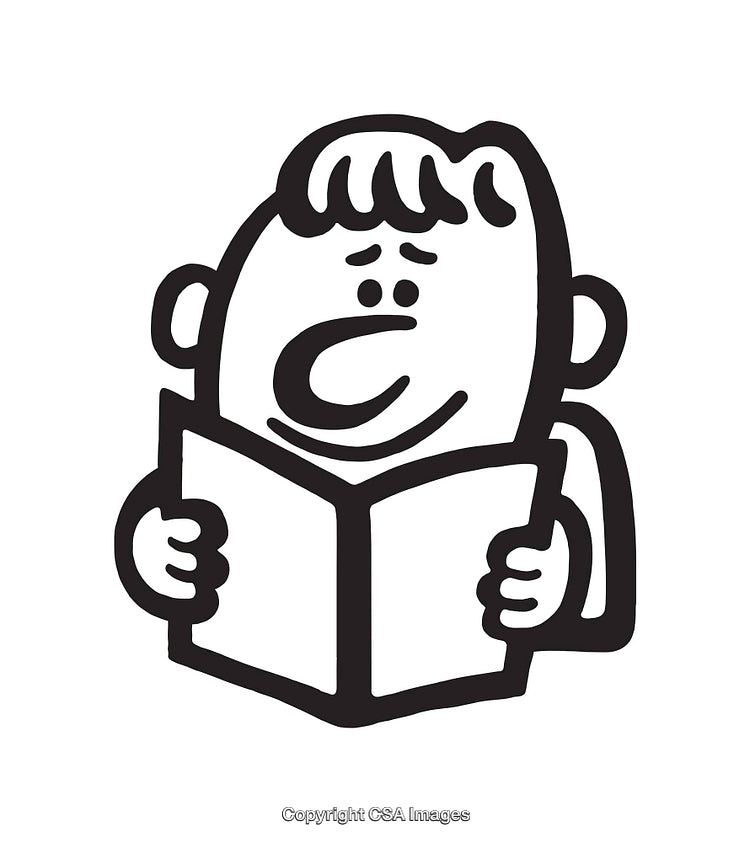Cartoon Character Reading a Book in Black and White Illustration