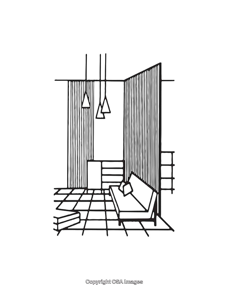 Black and White Line Art Drawing of a Minimalist Interior Design