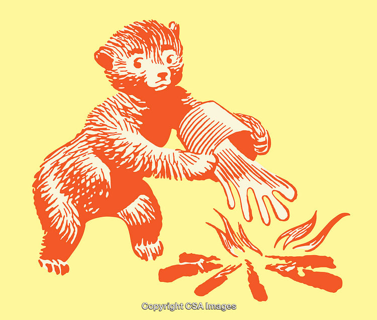 Playful Bear Cub Exploring Gloves Near a Campfire in Vibrant Line Art