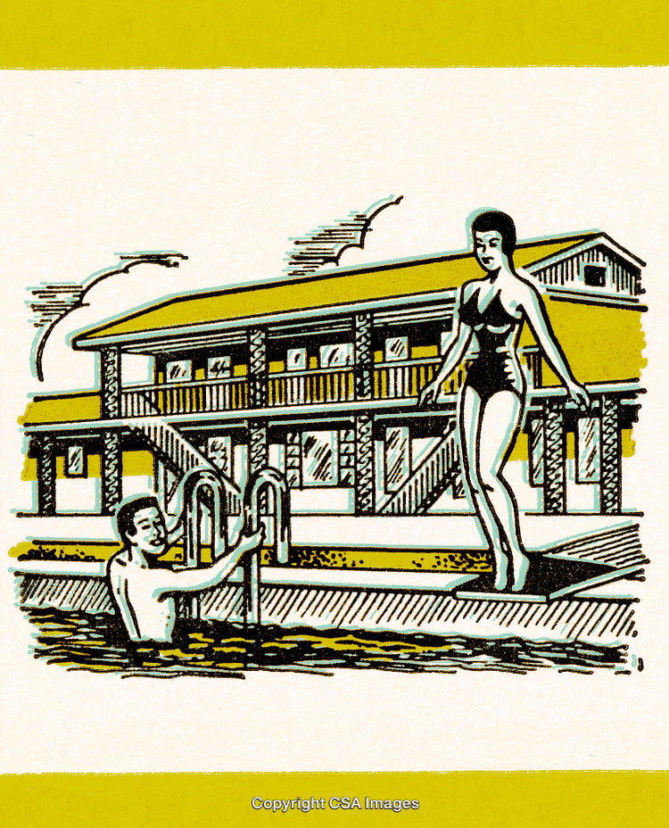 Retro Style Illustration of a Motel With Swimming Pool Scene