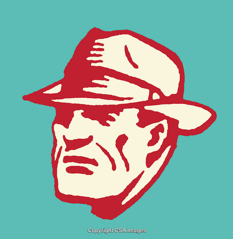 Retro Line Art of Man in Hat on Teal Background