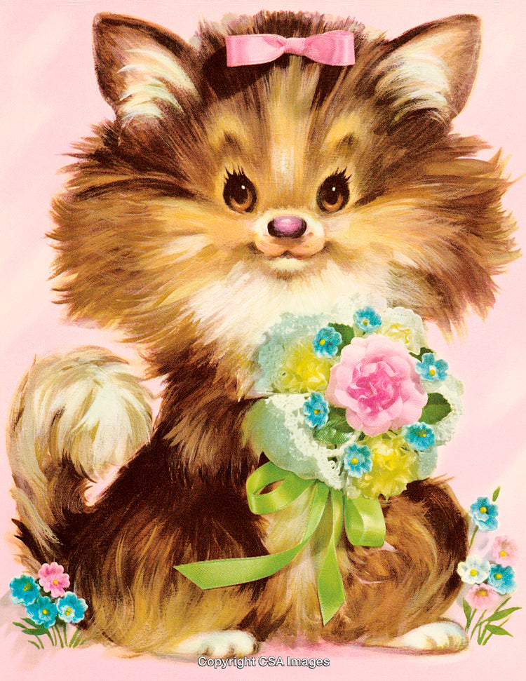 Adorable Puppy Holding Flowers with a Pink Background and Cute Bow
