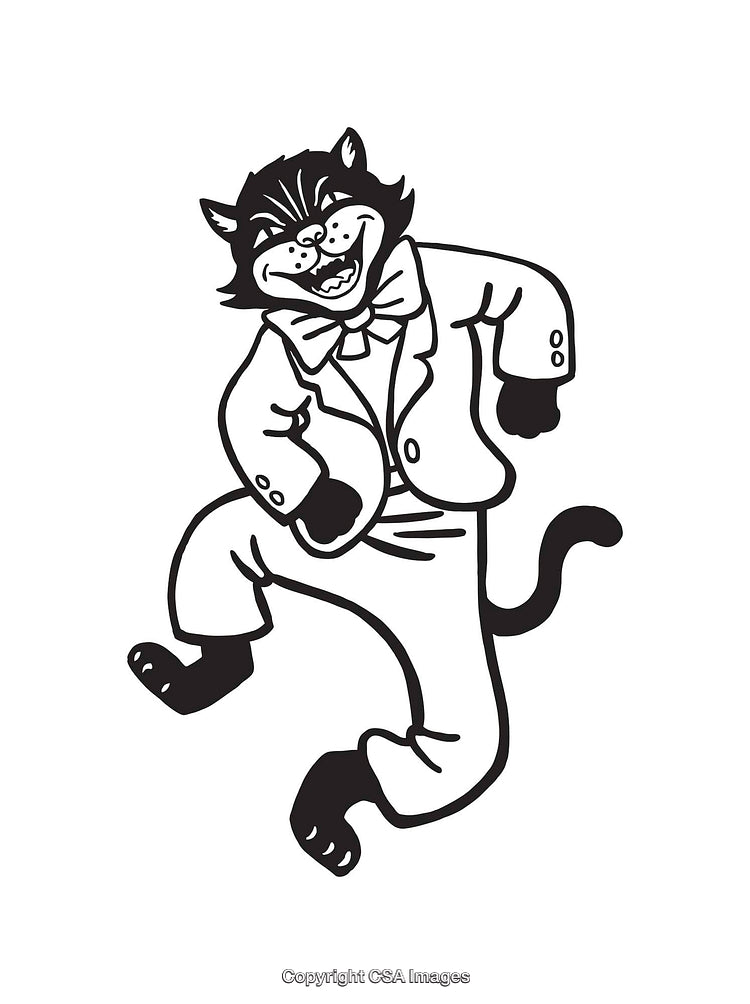 Black And White Line Art of Cat Dressed in Suit and Bow Tie