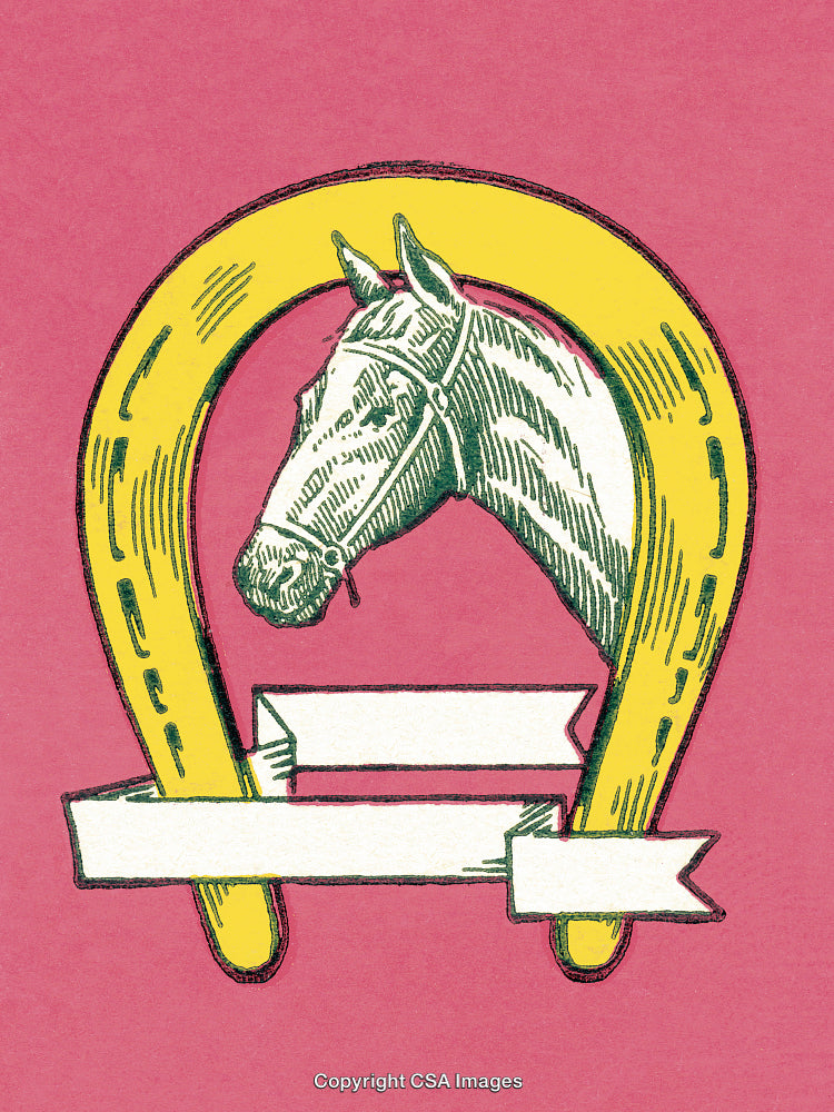 Vintage Illustration of Horse Head with Yellow Horseshoe on Pink Background