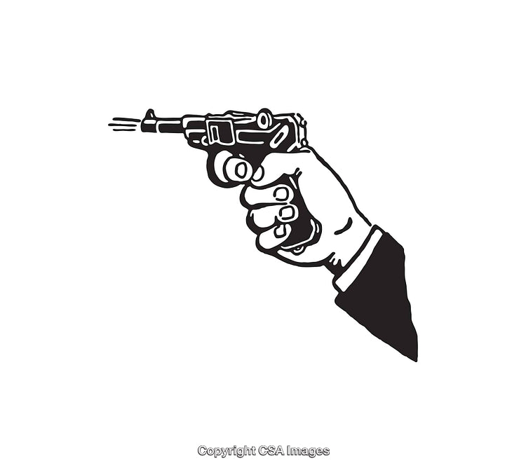 Hand Holding a Vintage Pistol in Black and White Illustration