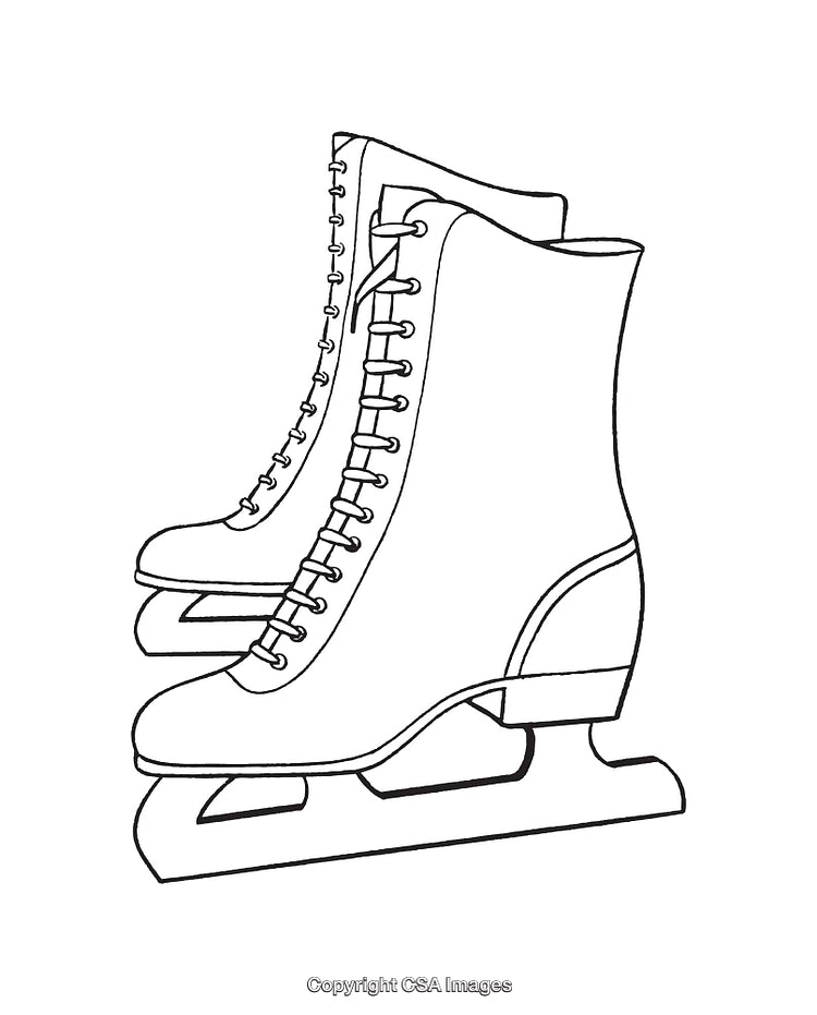 Black and White Line Drawing of Classic Ice Skates with Detailed Laces