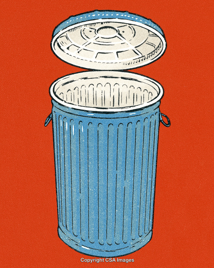 Cartoon Illustration of Metal Trash Can With Open Lid on Red Background