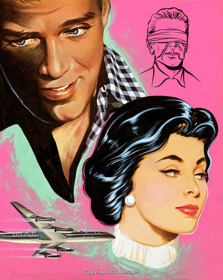 Retro Illustration of Man and Woman with Airplane and Line Art Details