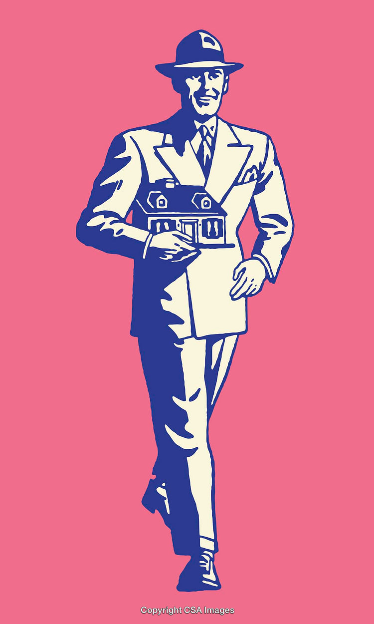 Vintage Line Art of Businessman Holding a Model House on Pink Background