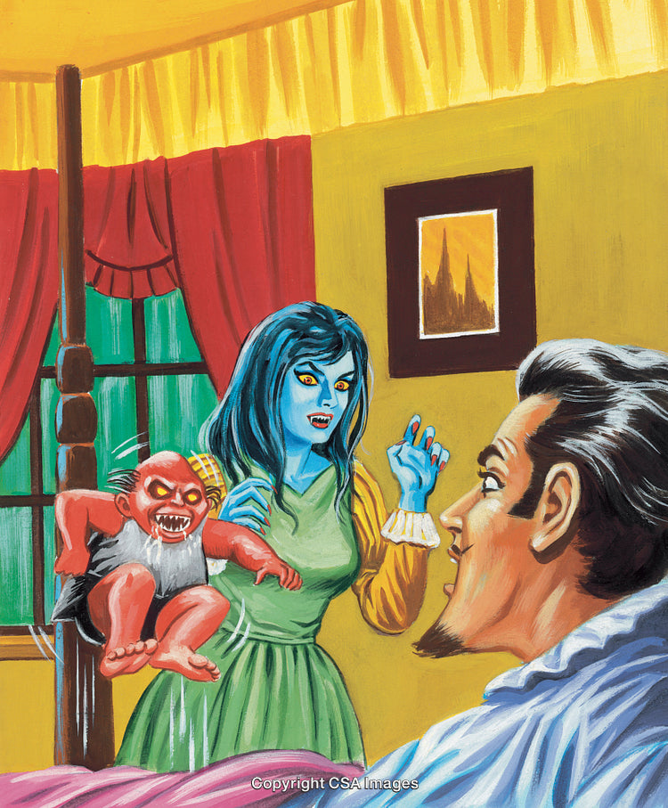 Horror Illustration Featuring Blue-Skinned Woman and Demon in Intense Scene