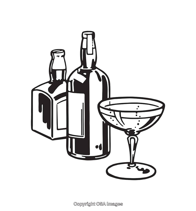 Stylized Black And White Illustration of Bottles and a Glass