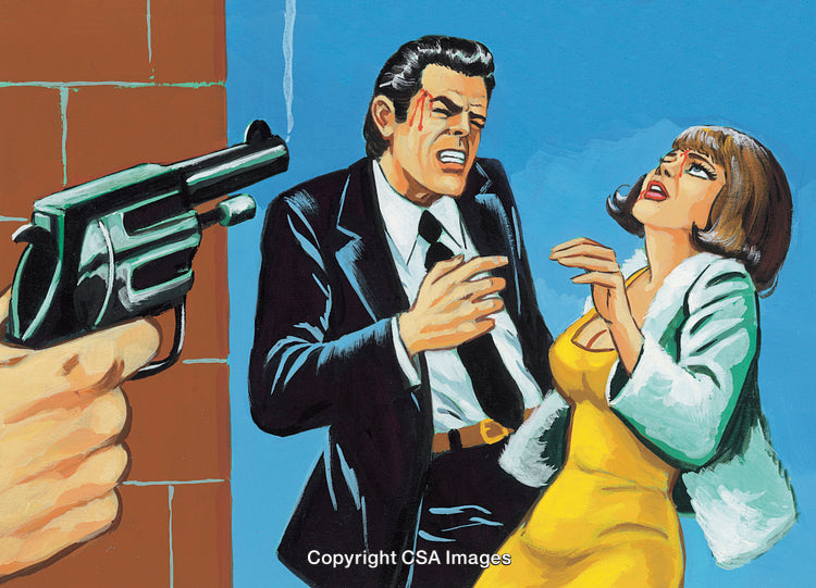Vintage Style Artwork Depicting a Suspenseful Dramatic Scene With Characters