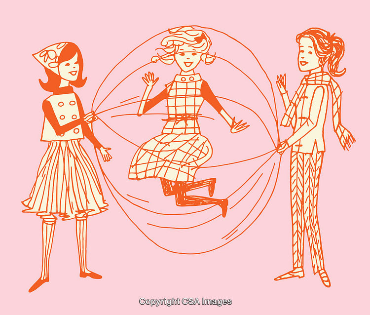 Three Friends Jump Rope in a Retro Line Art Illustration