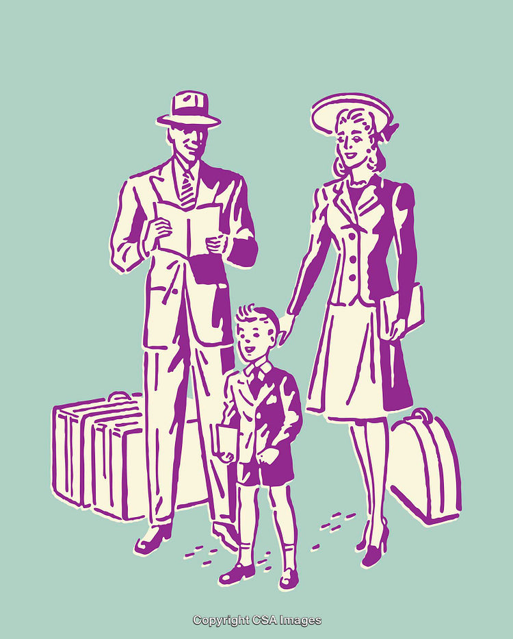Vintage Family Illustration Depicting Travel Preparation and Togetherness
